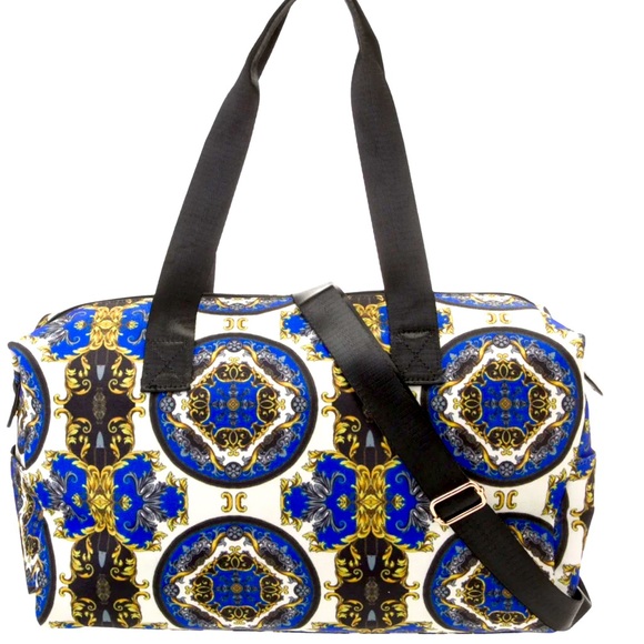 NWT- Alice + Olive weekender bag. Blue canvas printed with gold hardware. - Picture 1 of 5